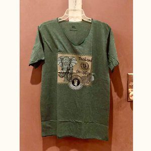 Thailand Screen Chang Stamp Dark Green T-Shirt V neck Elephant New